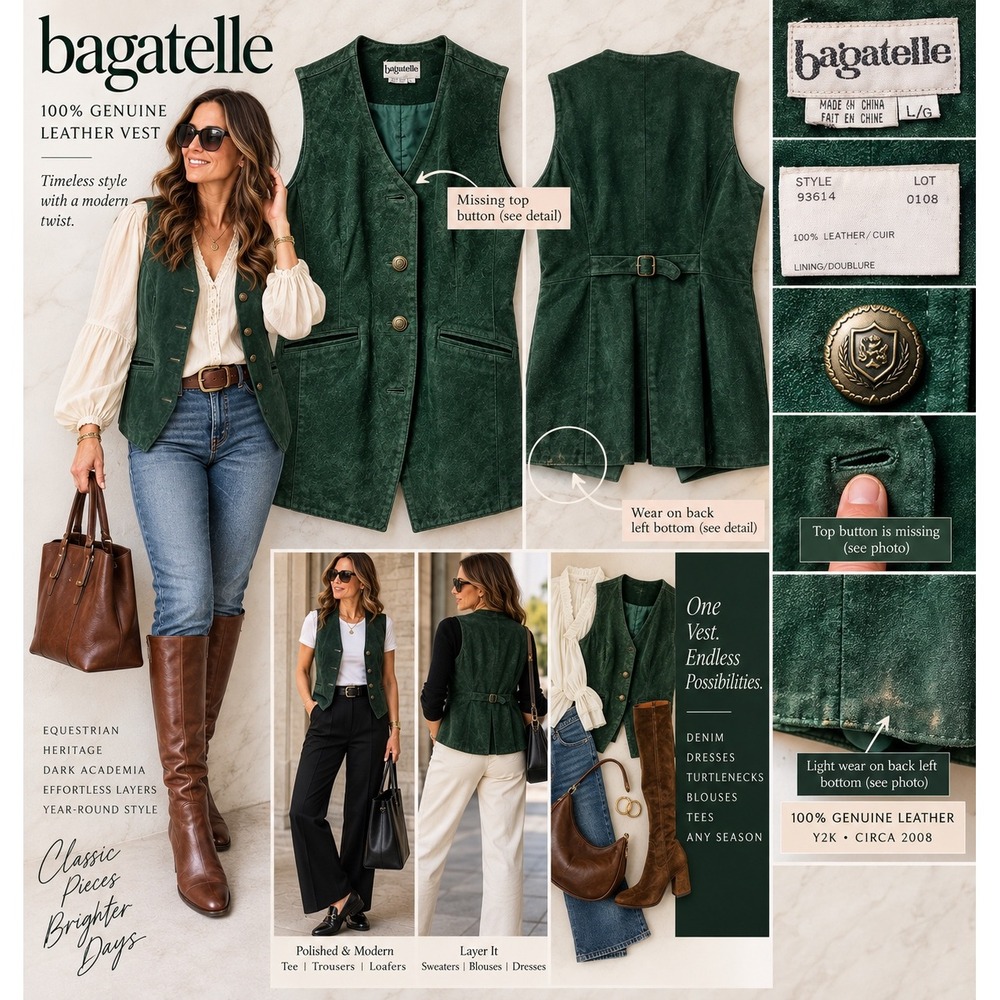 Bagatelle Womens L Green Leather Long Vest 100% Genuine Y2K Equestrian Waistcoat